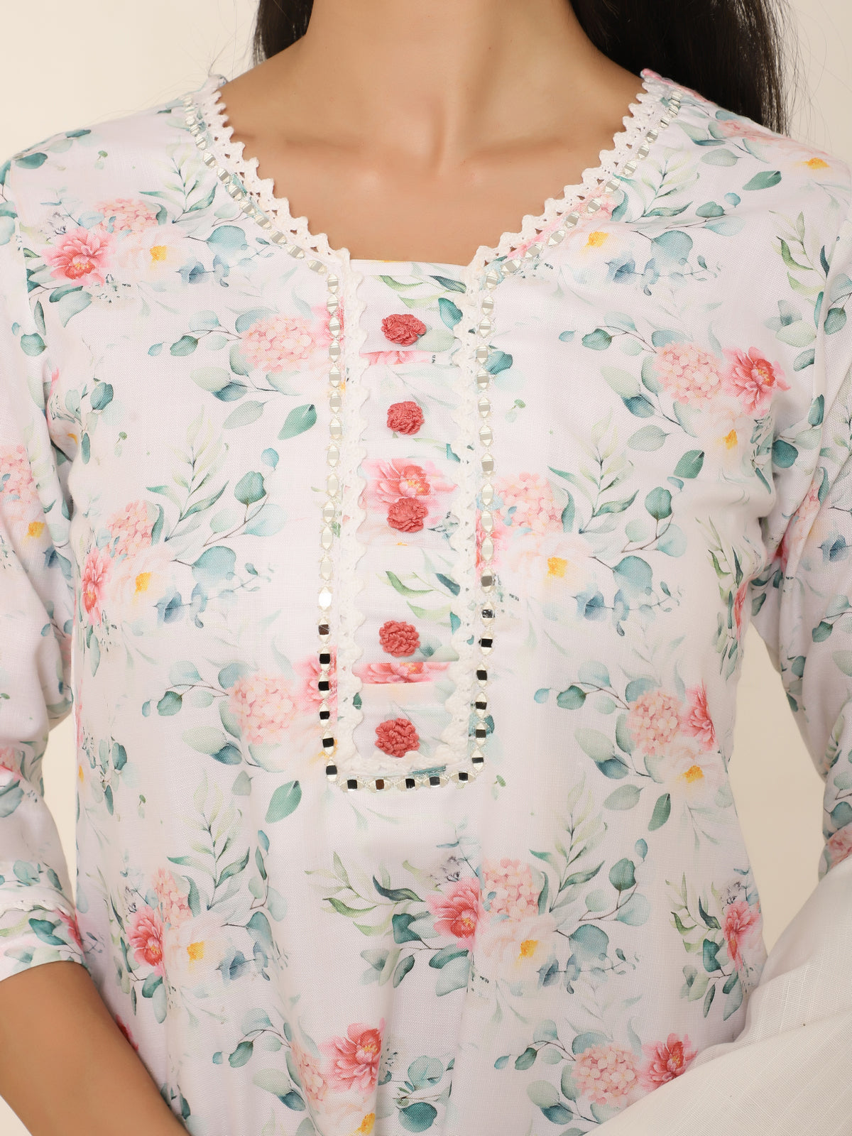 White Cotton Printed 3-Piece Suit with Mirror Work & Hand Knotting