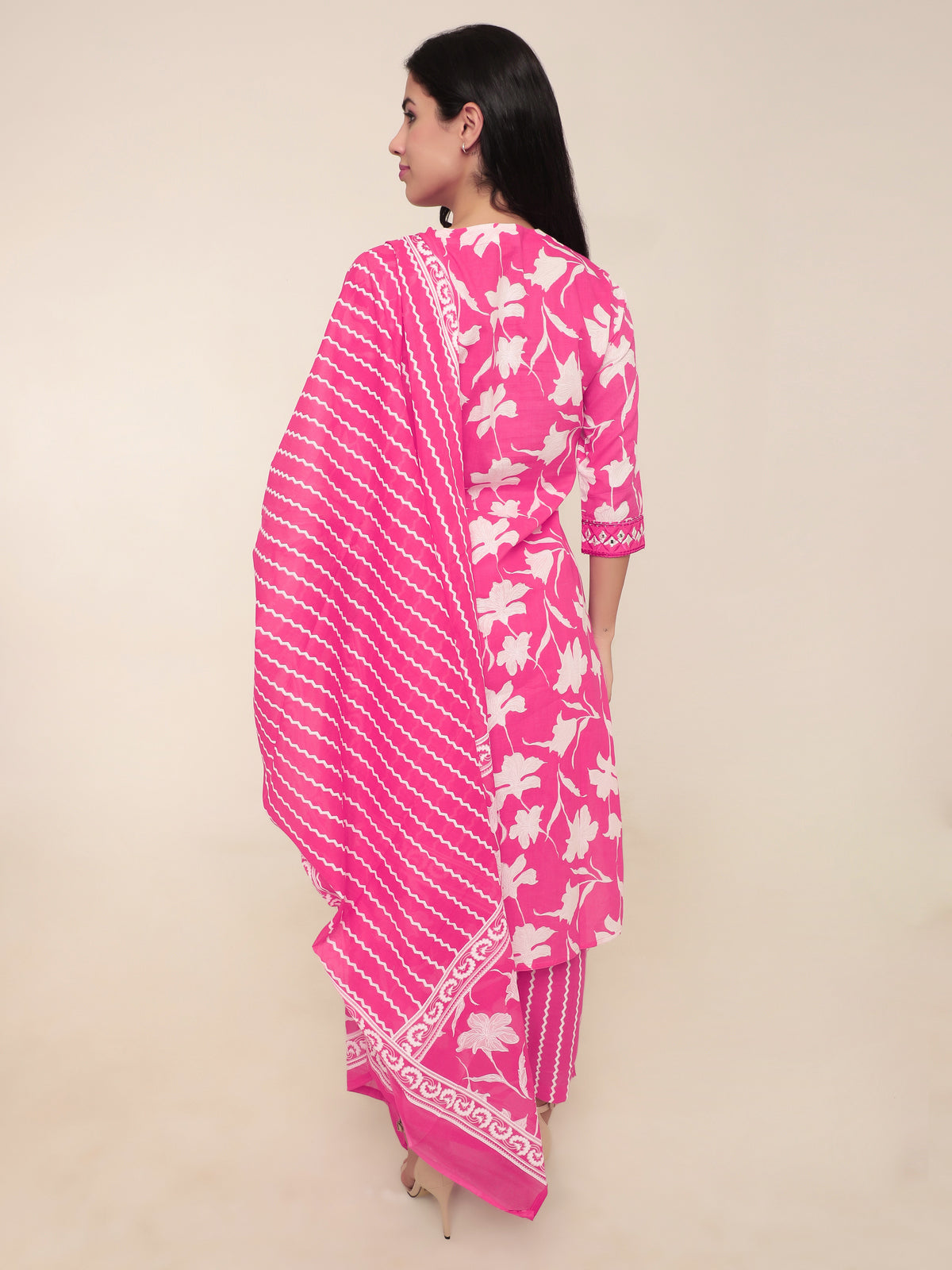 Fuchsia Floral Pink Printed 3-Piece Suit with Mirror Work