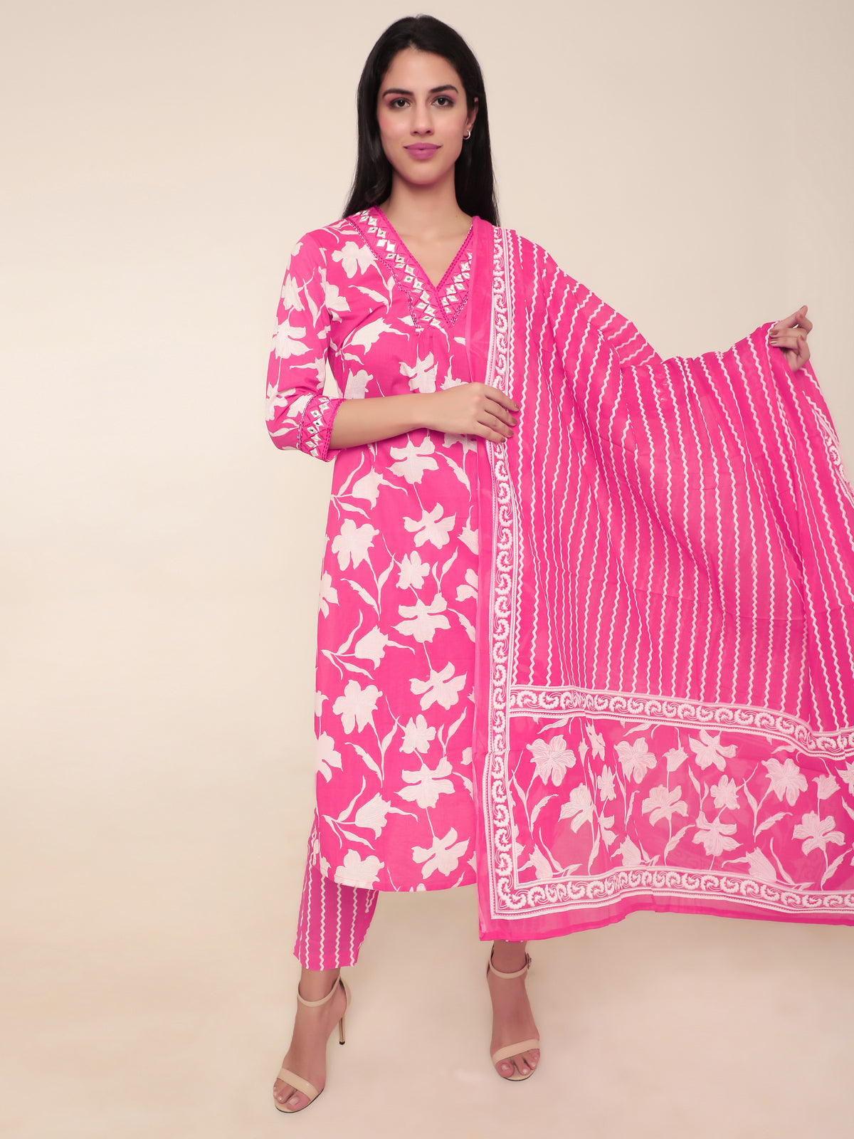 Fuchsia Floral Pink Printed 3-Piece Suit with Mirror Work