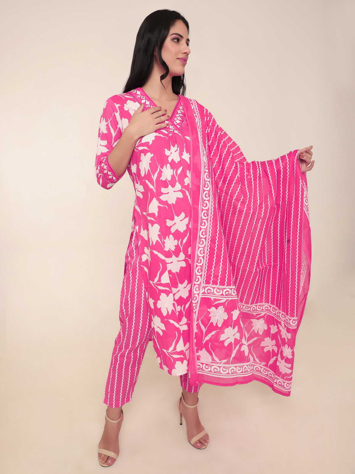 Fuchsia Floral Pink Printed 3-Piece Suit with Mirror Work