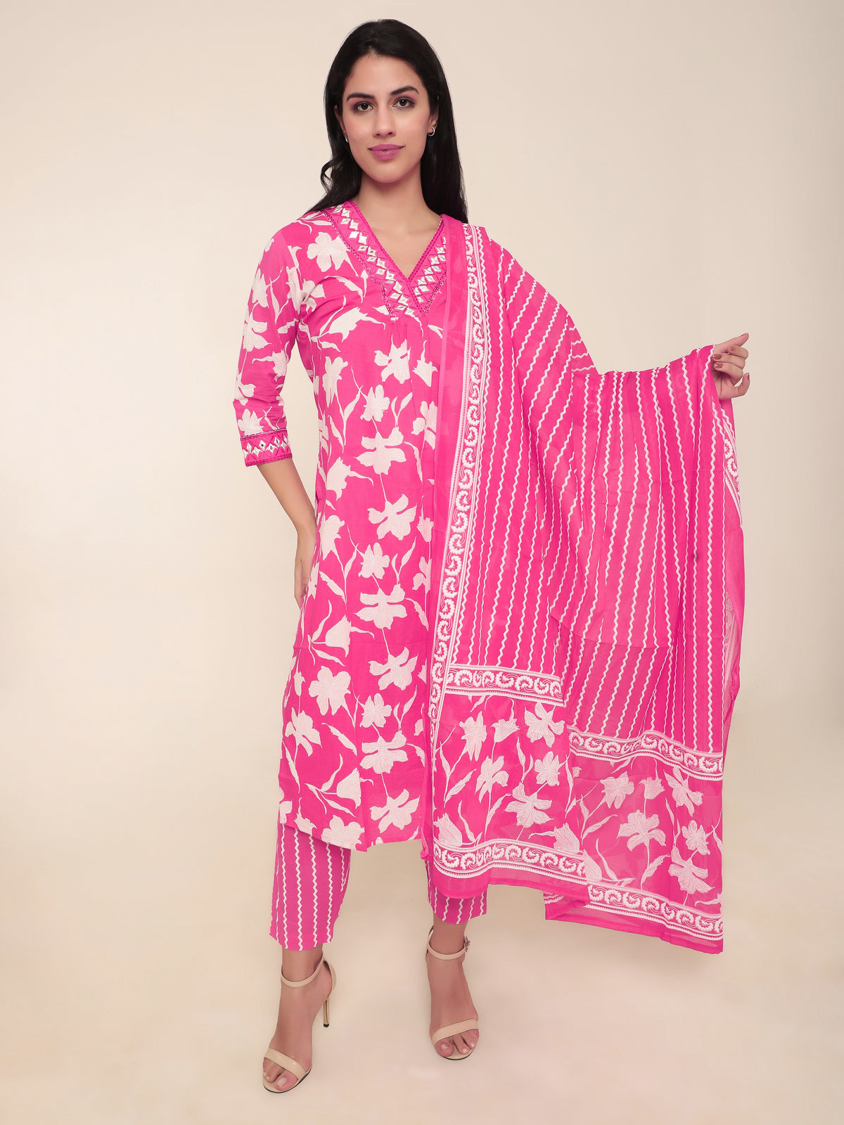 Fuchsia Floral Pink Printed 3-Piece Suit with Mirror Work