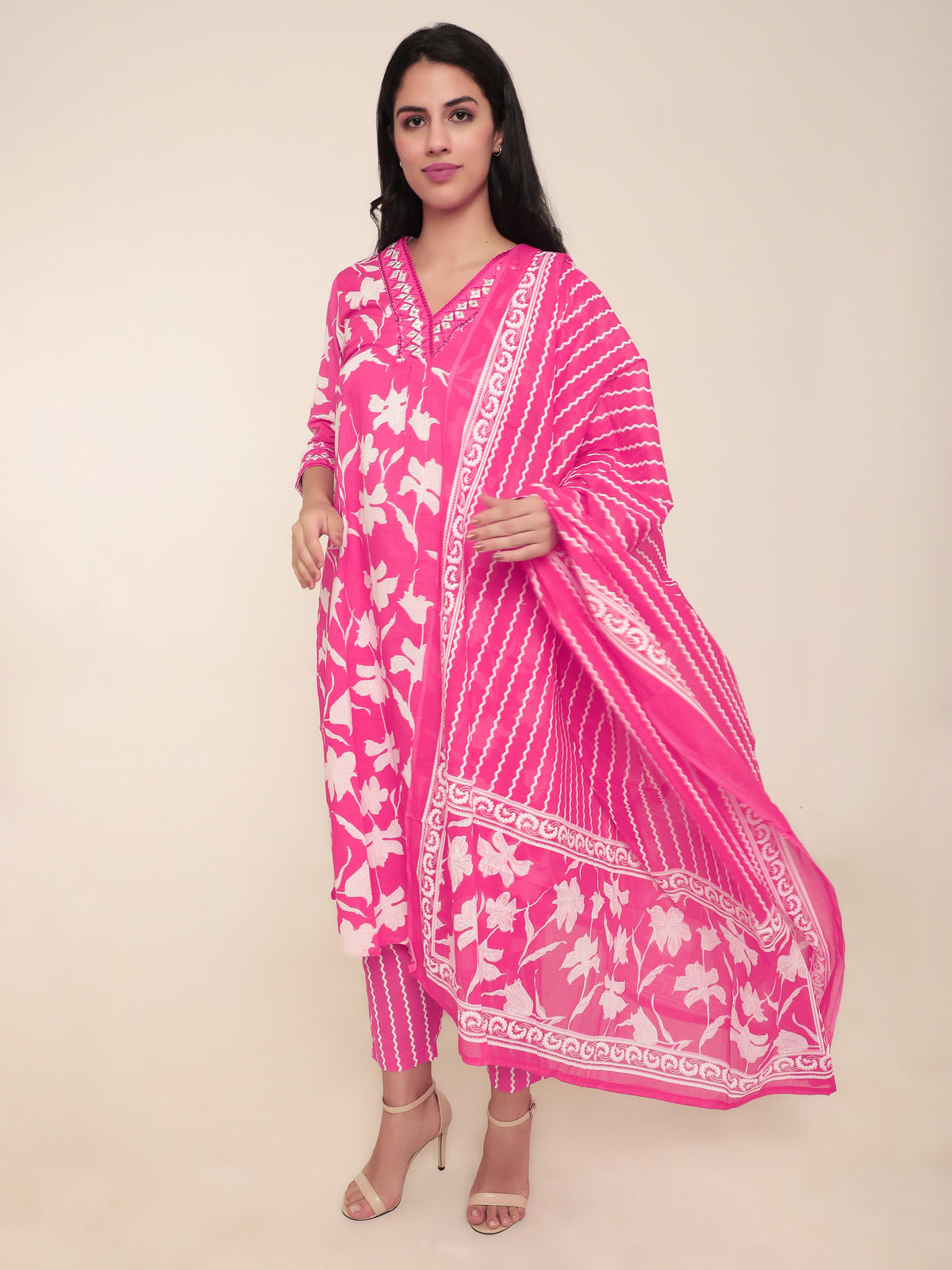Fuchsia Floral Pink Printed 3-Piece Suit with Mirror Work