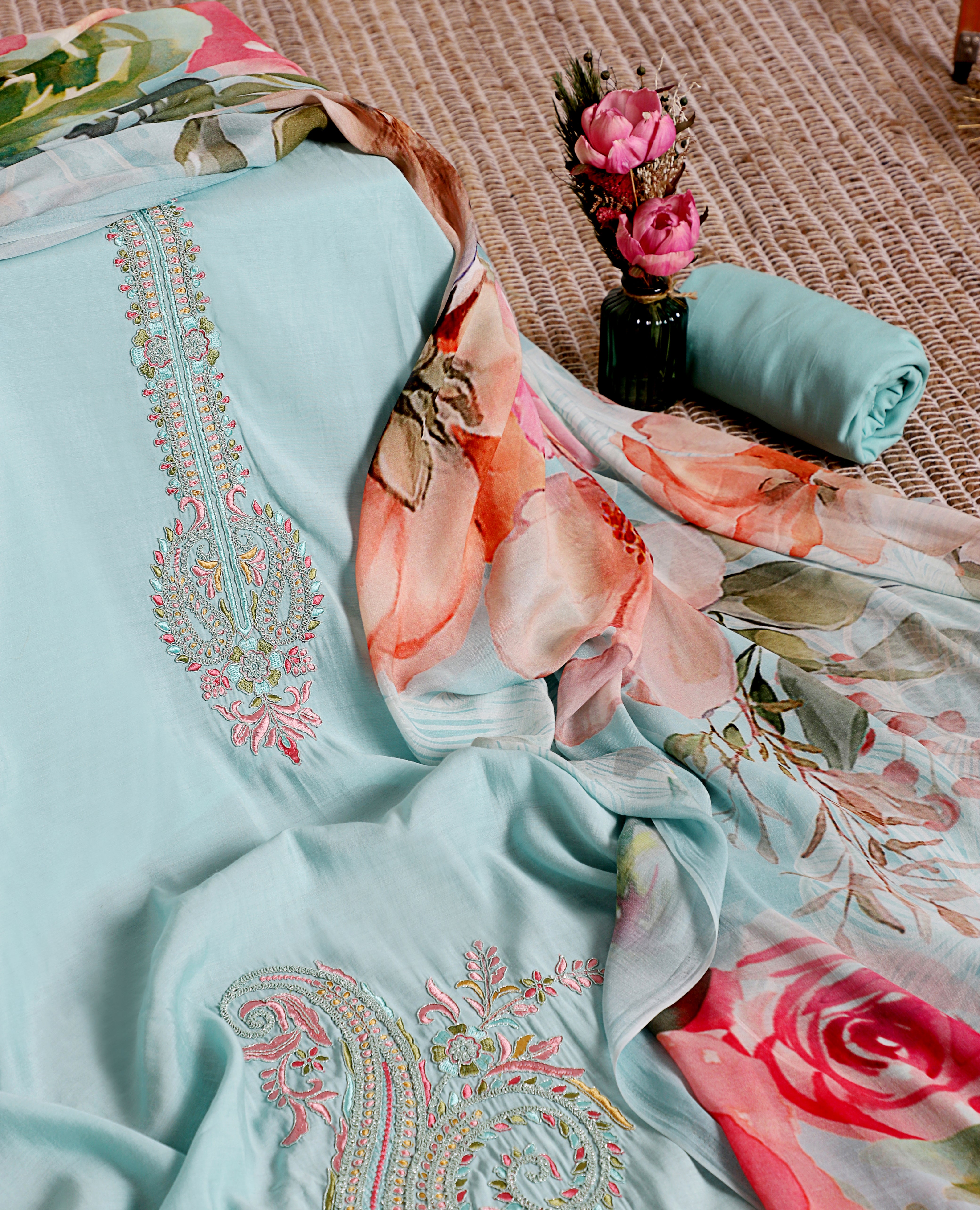 Blue Cotton Blend Unstitched Suit with Floral Chiffon Dupatta & Pink Embroidery