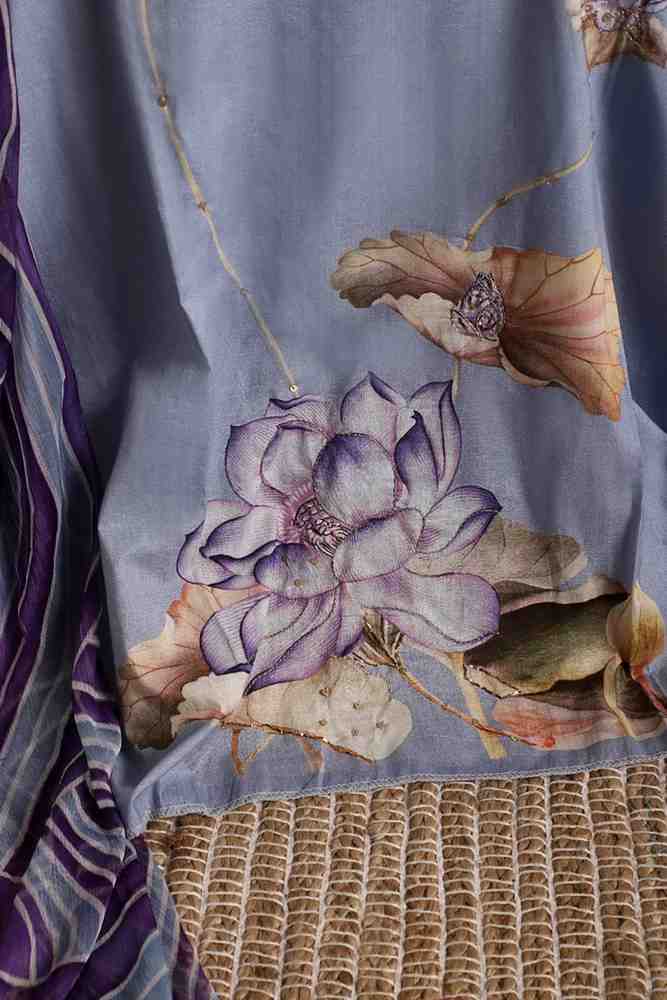 Blue Cotton Digital Print Suit with purple Dupatta & Floral Handwork