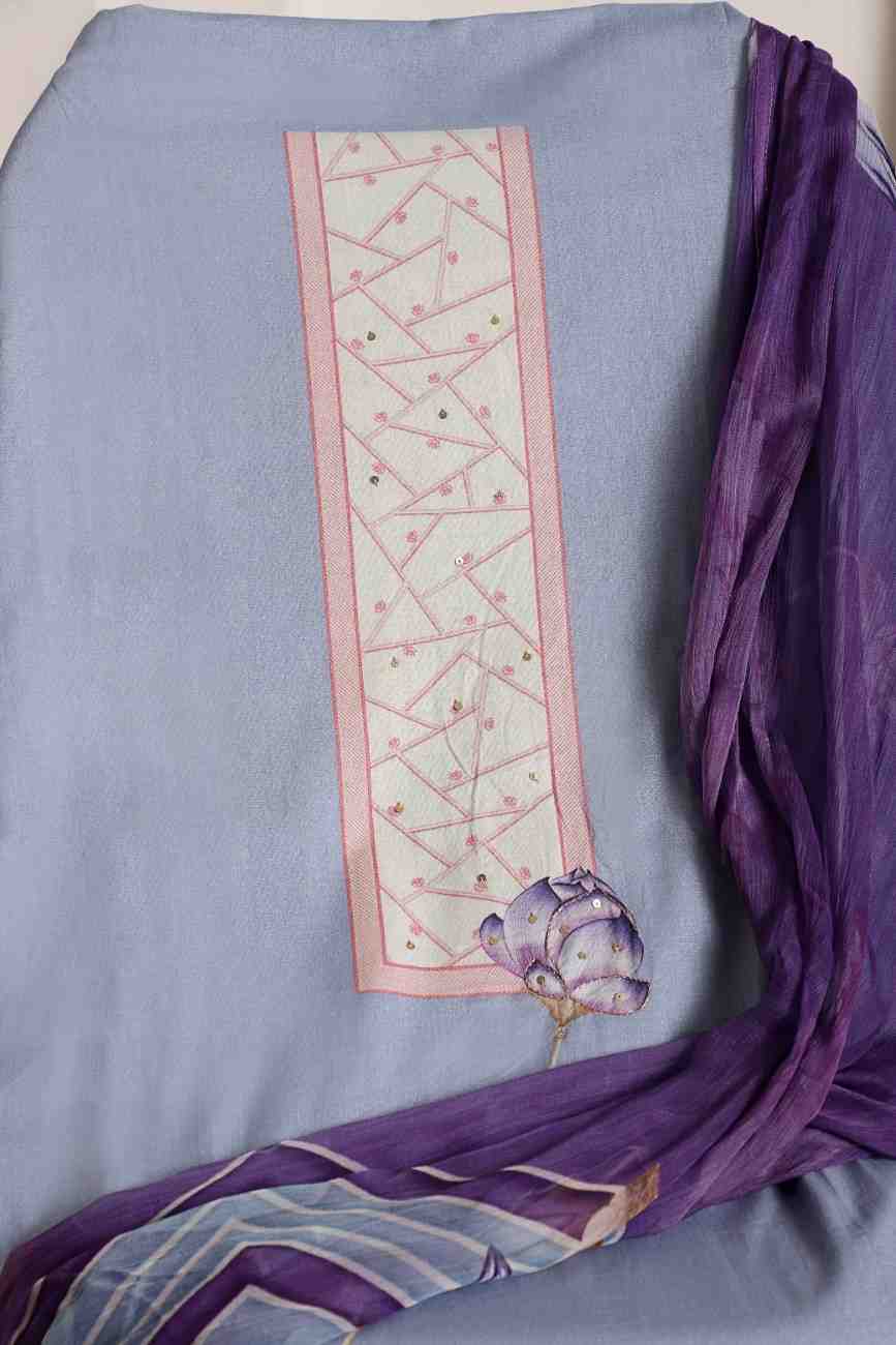 Blue Cotton Digital Print Suit with purple Dupatta & Floral Handwork