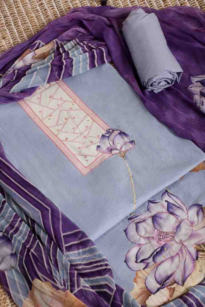 Blue Cotton Digital Print Suit with purple Dupatta & Floral Handwork