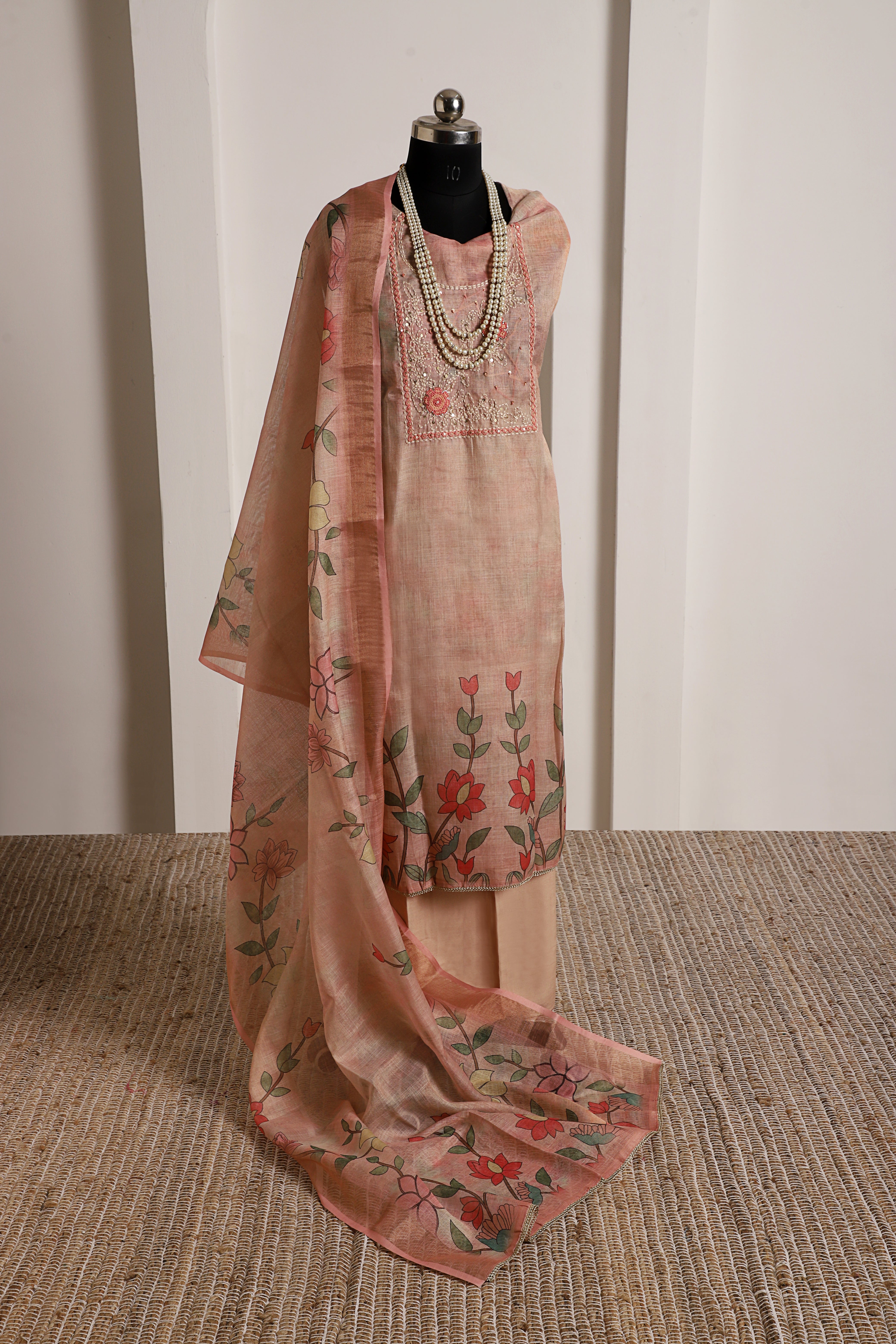 Blush Peachy Pink Tissue Organza Suit with Kantha Work
