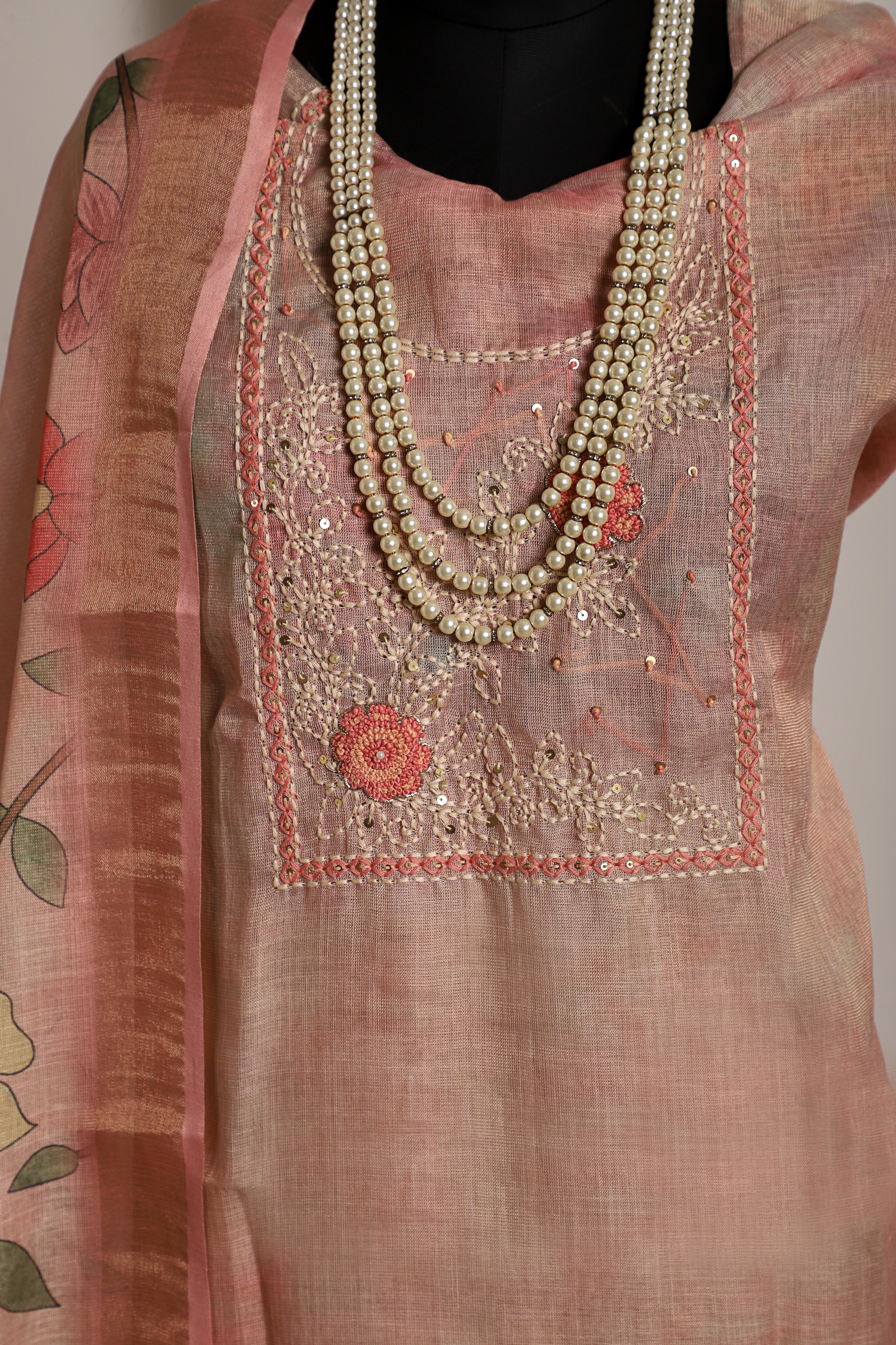 Blush Peachy Pink Tissue Organza Suit with Kantha Work