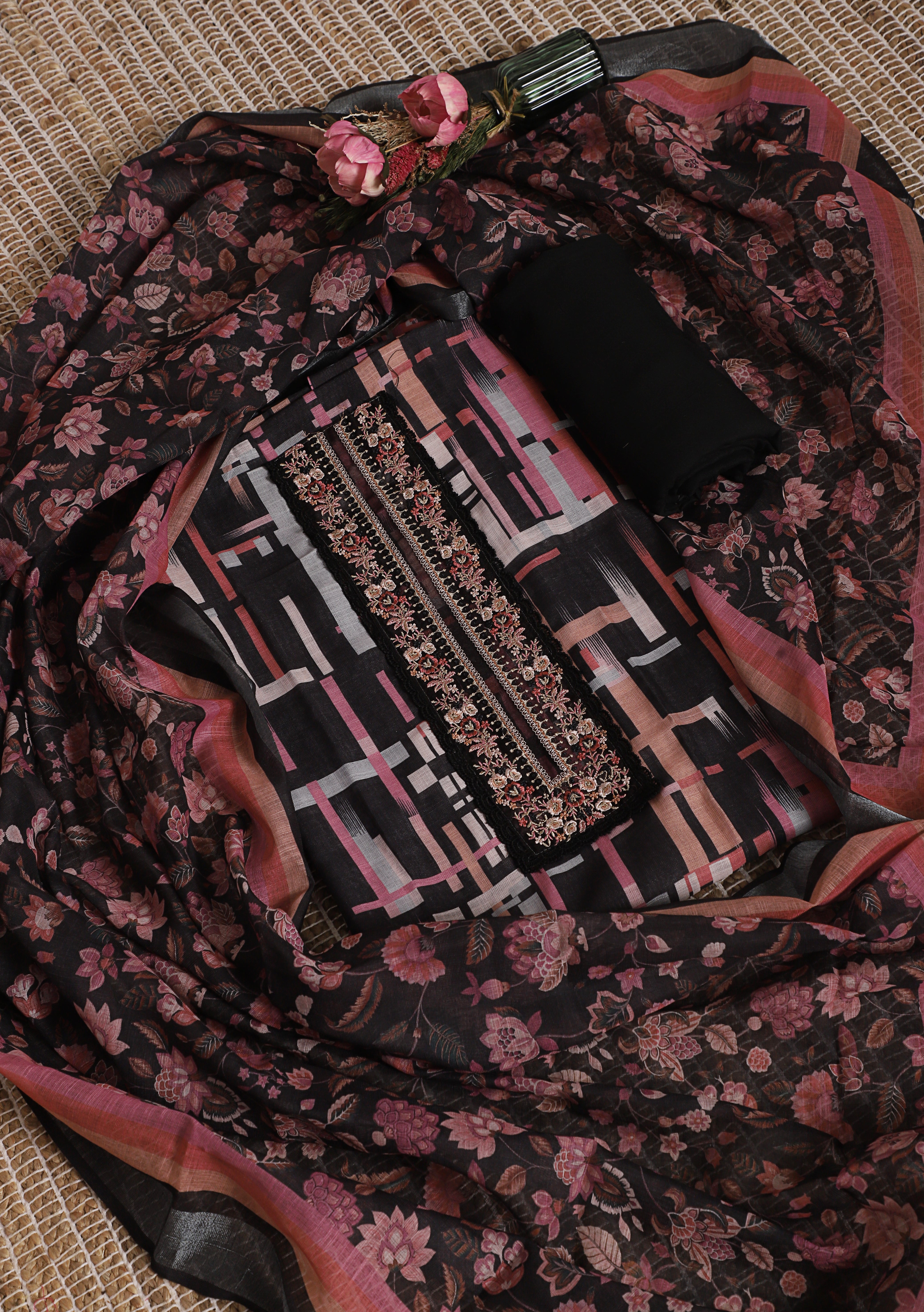 Black Linen Suit with Geometric & Floral Prints in Pink, Peach & White