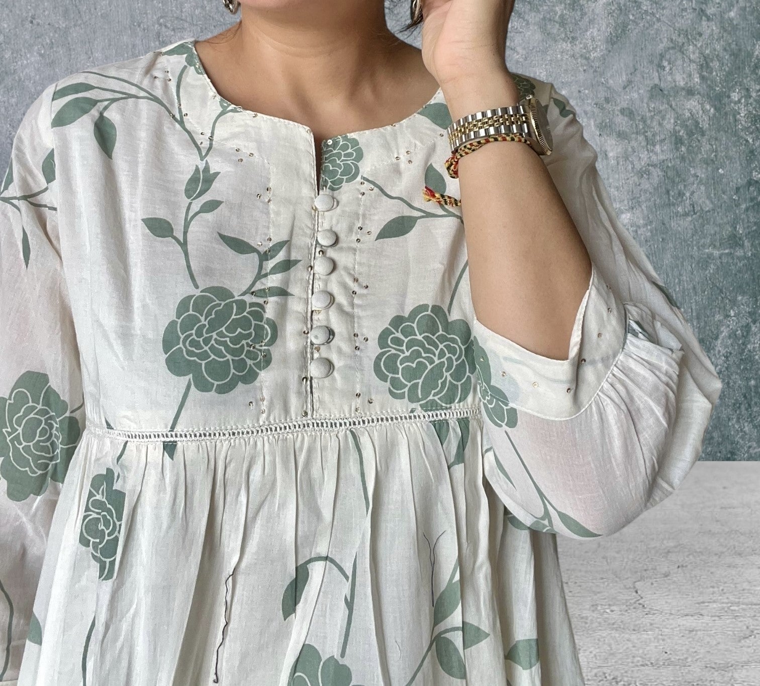 Cream Mulmul Anarkali Kurti Set with Sequins, Button Details & Floral Print