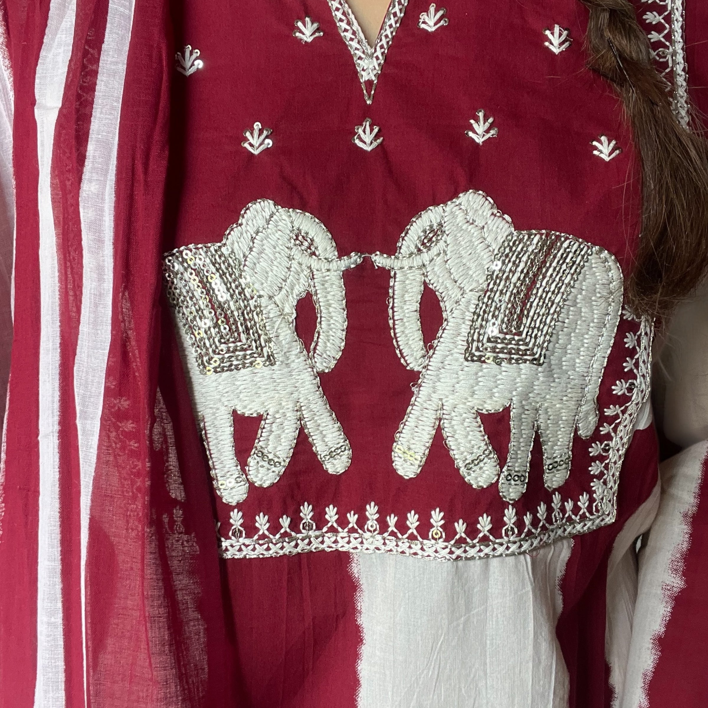 Red & White Printed 3-Piece Suit with Elephant Embroidery