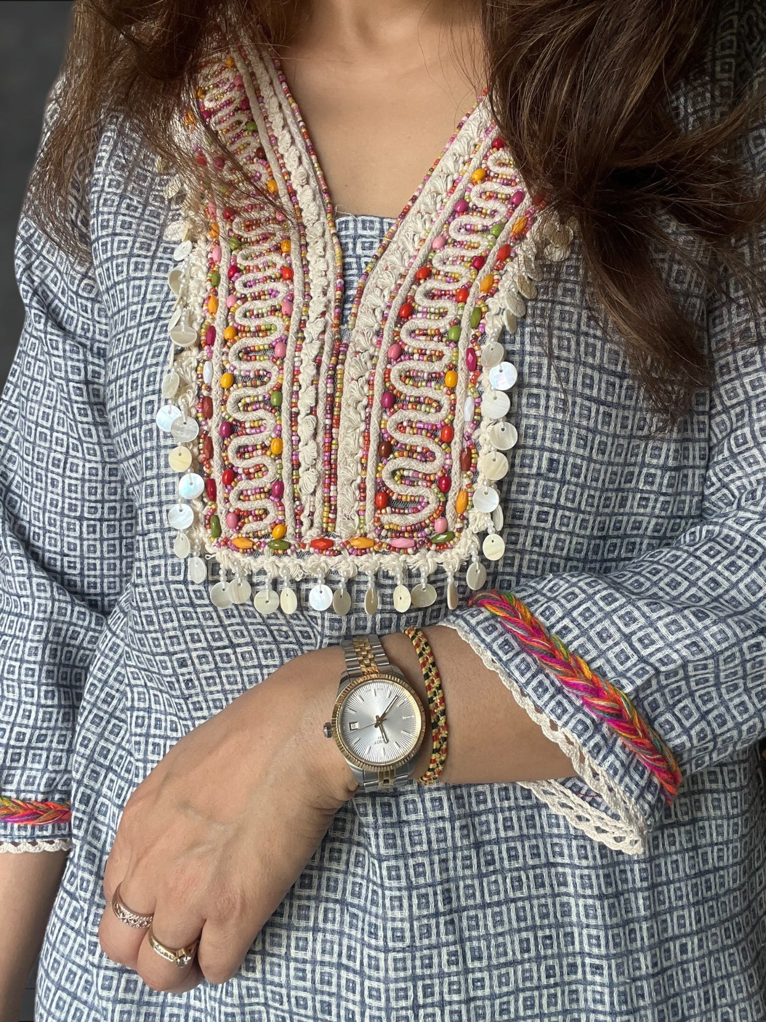 White & Blue printed Co- ord set with stunning handwork at front