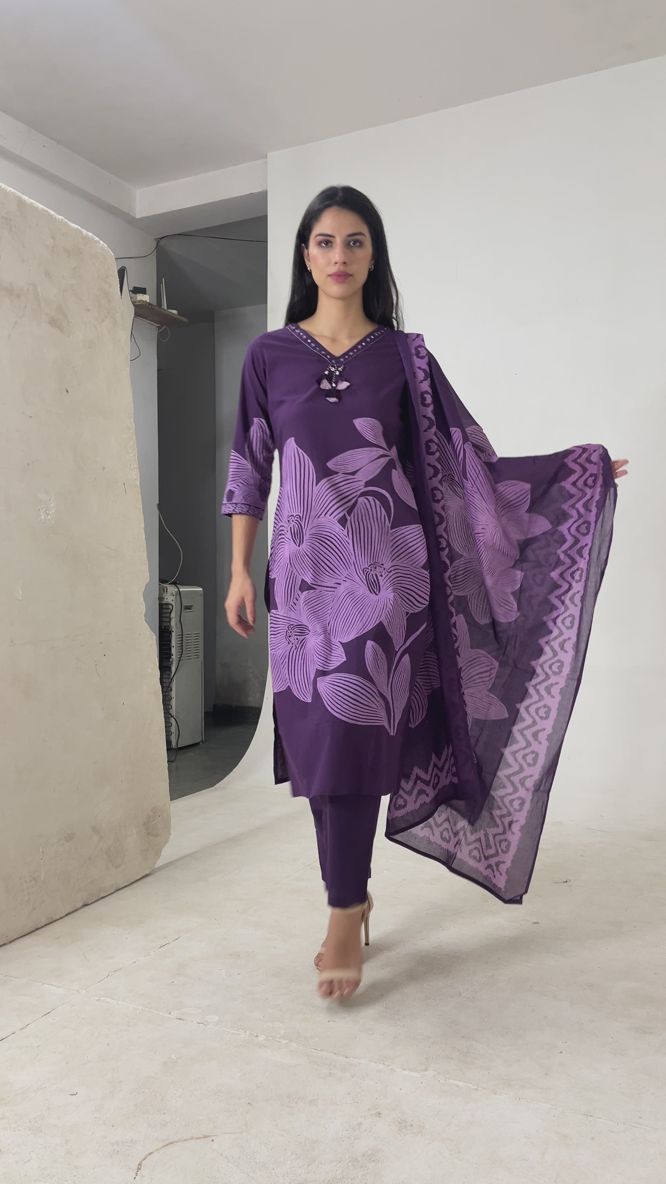 Purple Floral Printed 3-Piece Suit with Embroidery & Tassel Detail